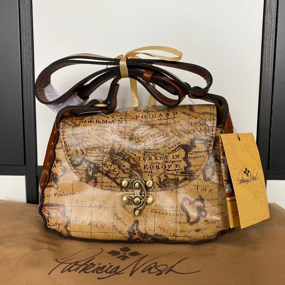 Patricia Nash Antique Map leather crossbody satchel bag purse brown